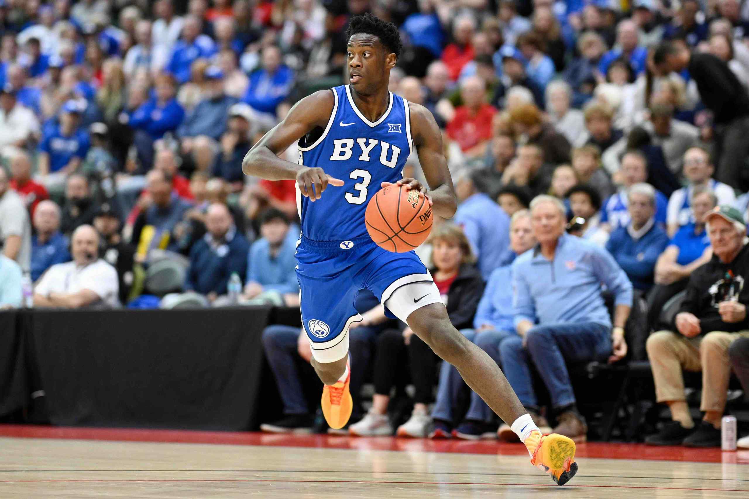 BYU's AJ Dybantsa dribbles.